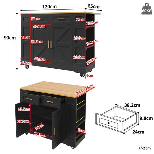 Îlot De Cuisine Moderne Pliable Avec Rangements Multifonctions, Finition Bois Noir