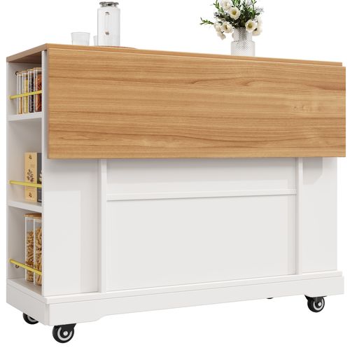 Îlot De Cuisine Moderne Pliable Avec Rangements Multifonctions, Finition Bois Blanc