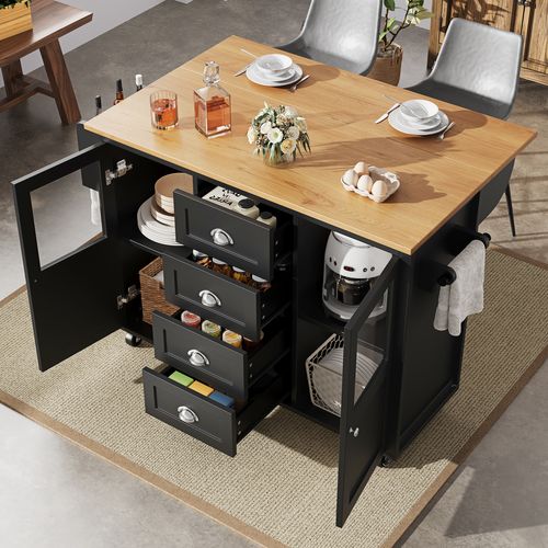 Îlot De Cuisine Moderne Avec Table Pliante, Rangements Multiples, Roulettes, Noir