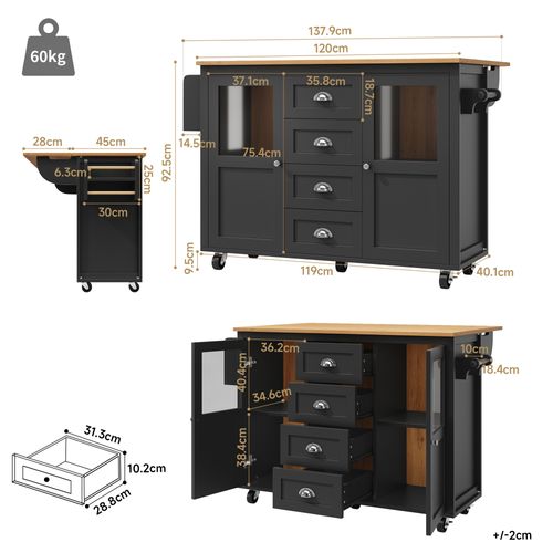 Îlot De Cuisine Moderne Avec Table Pliante, Rangements Multiples, Roulettes, Noir