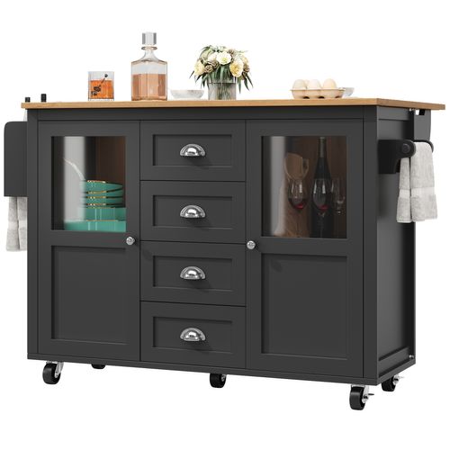 Îlot De Cuisine Moderne Avec Table Pliante, Rangements Multiples, Roulettes, Noir