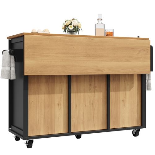 Îlot De Cuisine Moderne Avec Table Pliante, Rangements Multiples, Roulettes, Noir