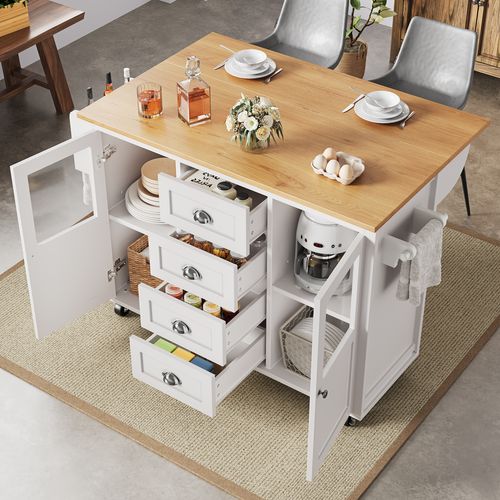 Îlot De Cuisine Moderne Avec Table Pliante, Rangements Multiples, Roulettes, Blanc