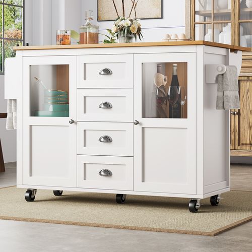 Îlot De Cuisine Moderne Avec Table Pliante, Rangements Multiples, Roulettes, Blanc