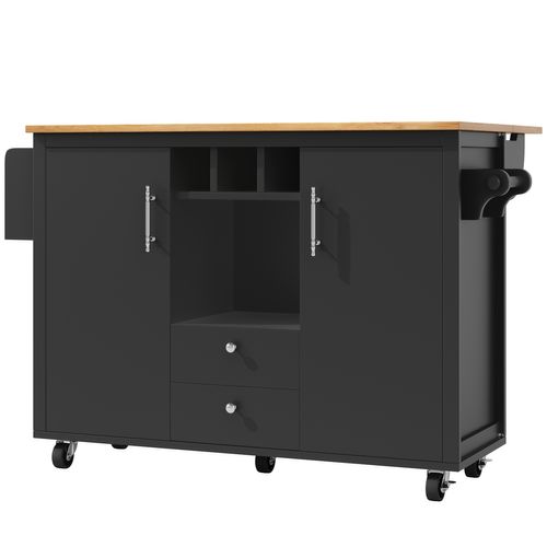 Îlot De Cuisine Multifonction Avec Table Pliante, Rangements, Roulettes, Noir