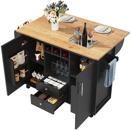 Îlot De Cuisine Multifonction Avec Table Pliante, Rangements, Roulettes, Noir
