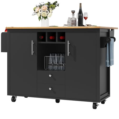 Îlot De Cuisine Multifonction Avec Table Pliante, Rangements, Roulettes, Noir