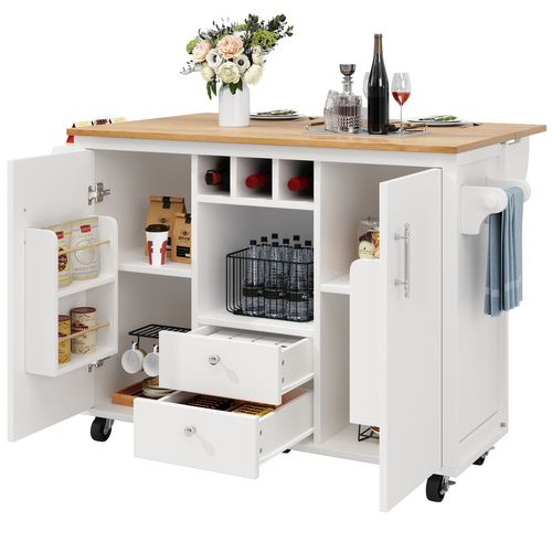Îlot De Cuisine Multifonction Avec Table Pliante, Rangements, Roulettes, Blanc