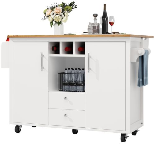 Îlot De Cuisine Multifonction Avec Table Pliante, Rangements, Roulettes, Blanc