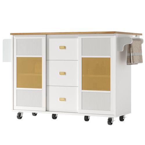 Îlot De Cuisine Avec Portes Coulissantes, Étagères Réglables Et Roulettes, Blanc