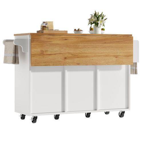 Îlot De Cuisine Avec Portes Coulissantes, Étagères Réglables Et Roulettes, Blanc