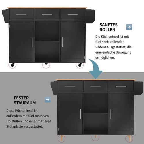 Îlot De Cuisine Extensible Avec Roues Et Pieds Fixes, 139x46(71)x91,5cm, Noir Et Bois