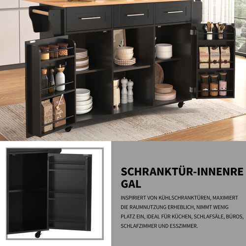 Îlot De Cuisine Extensible Avec Roues Et Pieds Fixes, 139x46(71)x91,5cm, Noir Et Bois