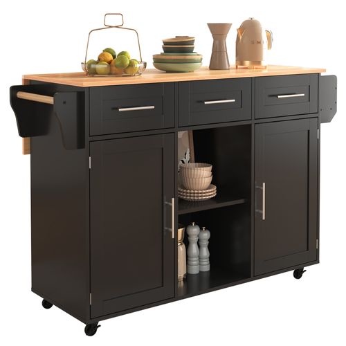 Îlot De Cuisine Extensible Avec Roues Et Pieds Fixes, 139x46(71)x91,5cm, Noir Et Bois