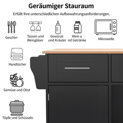 Îlot De Cuisine Extensible Avec Roues Et Pieds Fixes, 139x46(71)x91,5cm, Noir Et Bois