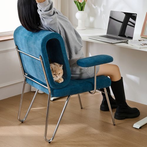 Fauteuil De Bureau Avec Niche à Chat Intégrée, Tissu Résistant, Accoudoirs Modulables, Bleu