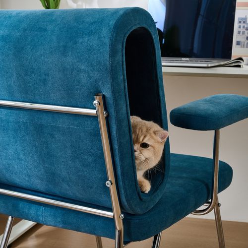 Fauteuil De Bureau Avec Niche à Chat Intégrée, Tissu Résistant, Accoudoirs Modulables, Bleu
