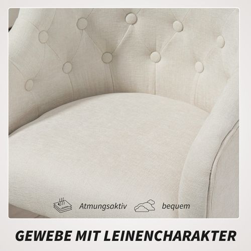 Chaise De Bureau Vintage Pivotante Beige, Réglable En Hauteur, Lin Avec Dossier Capitonné