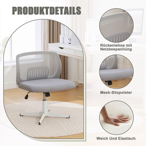 Fauteuil Bureau Sans Accoudoirs, Large Et Pivotant 360°, Design Ergonomique, Gris