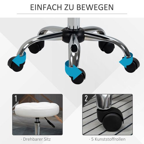 Tabouret De Travail Pivotant à Roulettes, Hauteur Réglable, Simili Cuir Blanc Ø35,5 X 51-67 Cm