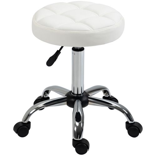 Tabouret De Travail Pivotant à Roulettes, Hauteur Réglable, Simili Cuir Blanc Ø35,5 X 51-67 Cm