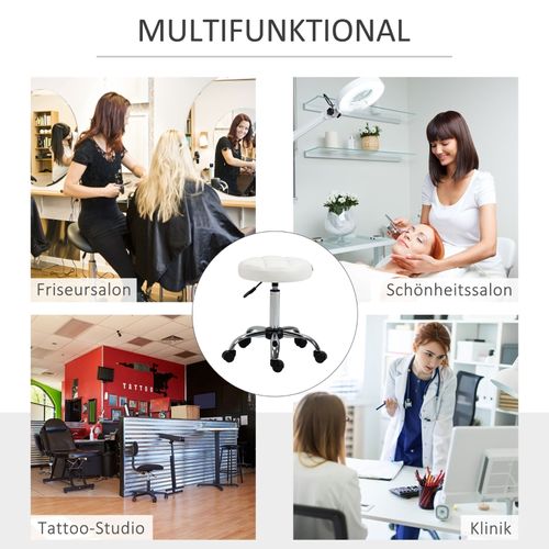 Tabouret De Travail Pivotant à Roulettes, Hauteur Réglable, Simili Cuir Blanc Ø35,5 X 51-67 Cm