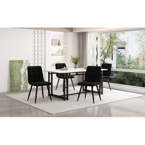 Table à Manger Noire 140x80 Cm Avec 4 Chaises En Velours, Pieds En Métal