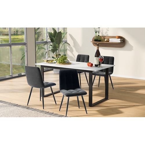 Table Extensible 140/180x80 Cm Blanche Avec 4 Chaises En Velours Gris