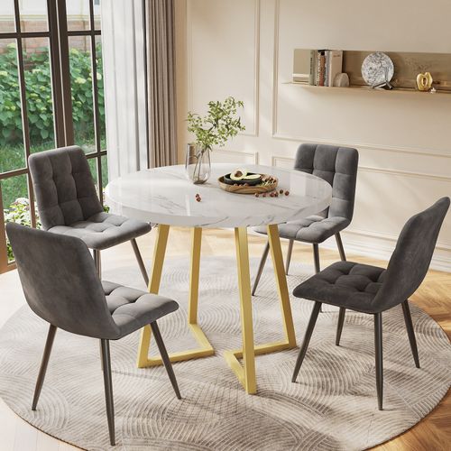 Table Ronde 80 Cm Avec 4 Chaises En Velours Gris, Pieds Dorés