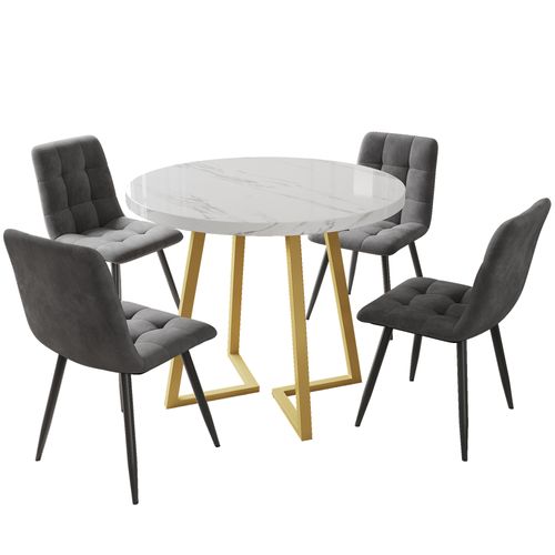 Table Ronde 80 Cm Avec 4 Chaises En Velours Gris, Pieds Dorés