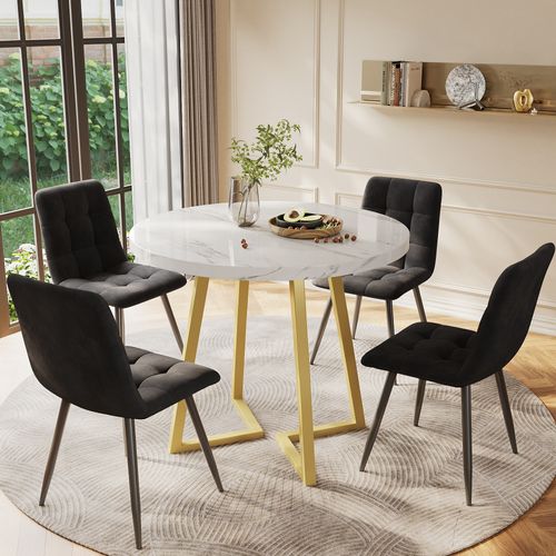 Table Ronde 80 Cm Avec 4 Chaises En Velours Gris, Pieds Dorés