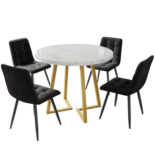 Table Ronde 80 Cm Avec 4 Chaises En Velours Gris, Pieds Dorés