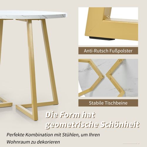 Table Ronde 80 Cm Avec 4 Chaises En Velours Gris, Pieds Dorés