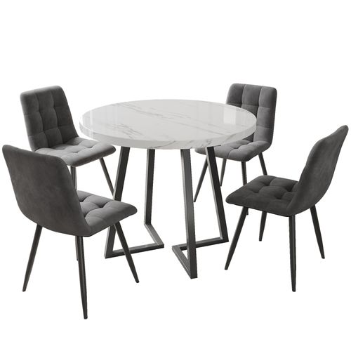 Table Ronde 80 Cm Avec 4 Chaises En Velours Gris Foncé, Pieds Grises