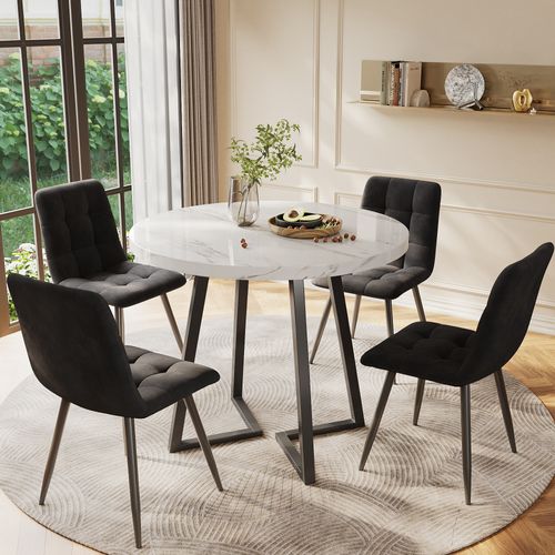 Table Ronde 80 Cm Avec 4 Chaises En Velours Noir, Pieds Grises