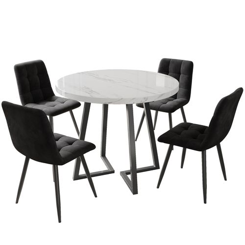Table Ronde 80 Cm Avec 4 Chaises En Velours Noir, Pieds Grises