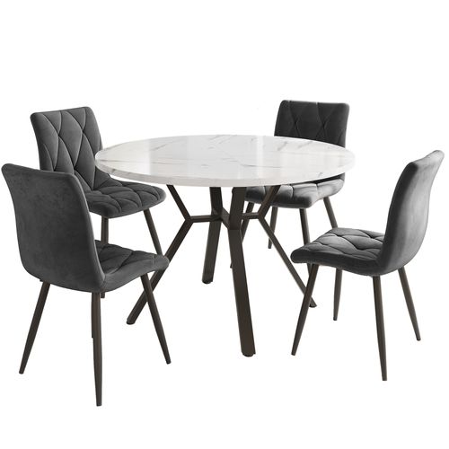Ensemble table ronde et 4 chaises en marbre et velours, moderne, 5 pièces, pieds En métal noir