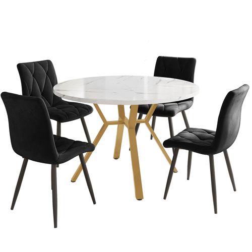 Table Ronde Effet Marbre Et 4 Chaises En Suédine Noire Moderne, Pieds En Métal Doré