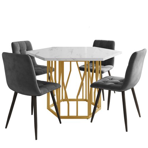 Table Hexagonale Effet Marbre Avec 4 Chaises En Velours Gris, Pieds En Métal Doré