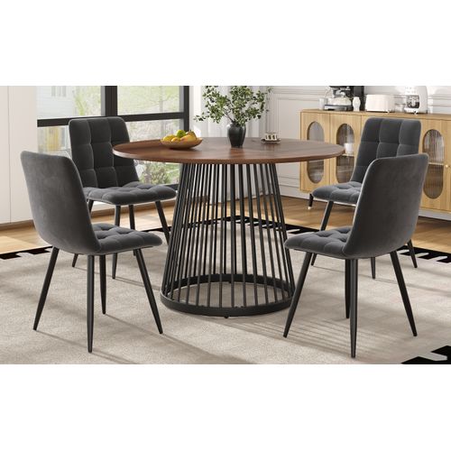 Ensemble Table Ronde 80 Cm Plateau En Mdf Couleur Noyer Avec 4 Chaises En Velours Gris