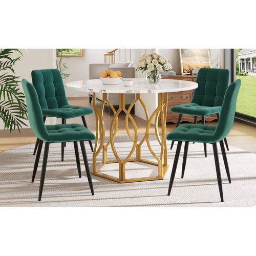 Table Ronde Ø100 Cm Et 4 Chaises En Velours Vert, Ensemble 5 Pièces