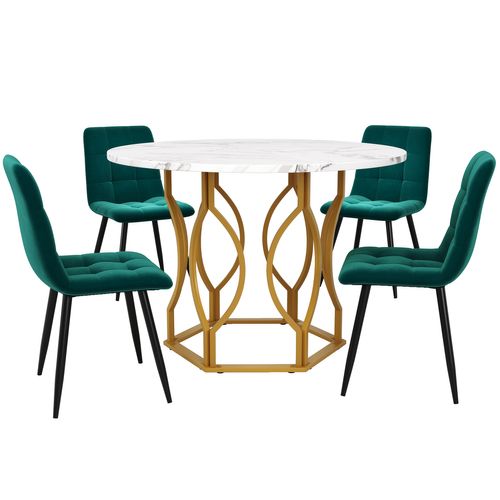 Table Ronde Ø100 Cm Et 4 Chaises En Velours Vert, Ensemble 5 Pièces