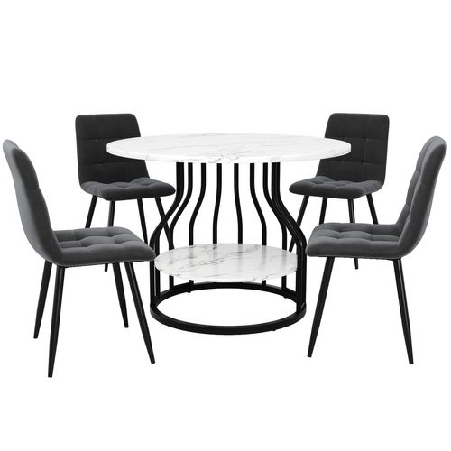 Table Ronde Ø80 Cm Avec 4 Chaises En Velours Gris, Ensemble Cuisine 5 Pièces