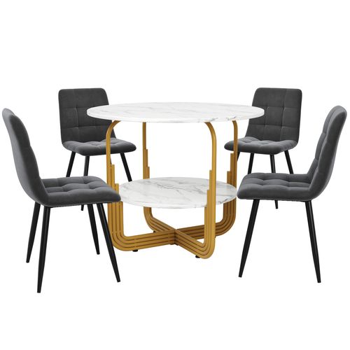 Table Ronde Ø80 Cm Avec 4 Chaises En Velours Gris, Pieds Dorés, Set 5 Pièces