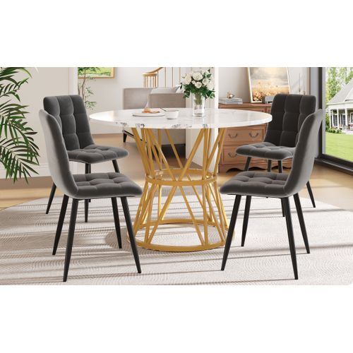 Ensemble Table Ronde Ø100 Cm Et 4 Chaises En Velours Gris, Pieds Métal Doré