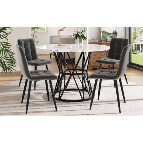 Ensemble Table Ronde Ø100 Cm Et 4 Chaises En Velours Gris, Pieds Métal Noir