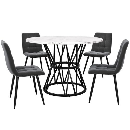 Ensemble Table Ronde Ø100 Cm Et 4 Chaises En Velours Gris, Pieds Métal Noir