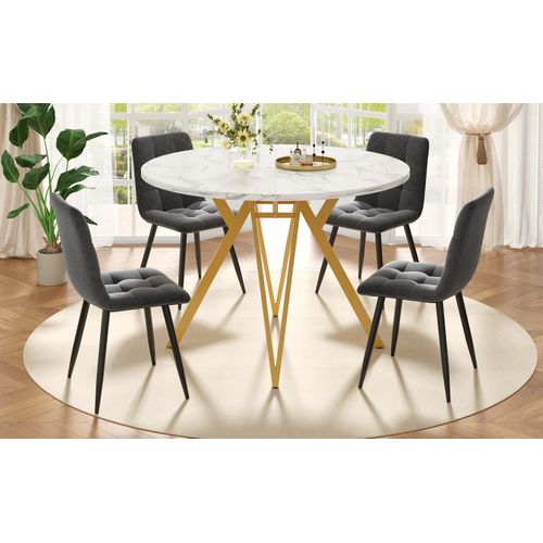 Ensemble Table Ronde Ø100 Cm Et 4 Chaises En Tissu Gris, Pieds Dorés