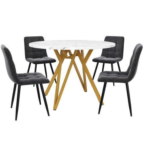 Ensemble Table Ronde Ø100 Cm Et 4 Chaises En Tissu Gris, Pieds Dorés