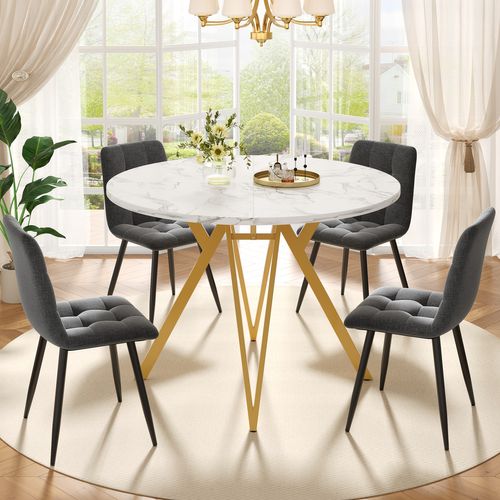 Ensemble Table Ronde Ø100 Cm Et 4 Chaises En Tissu Gris, Pieds Dorés